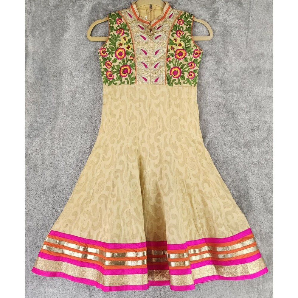 Womens Juniors Dress 30 Yellow Metallic Pink Floral Embroidered Indie Flare Midi